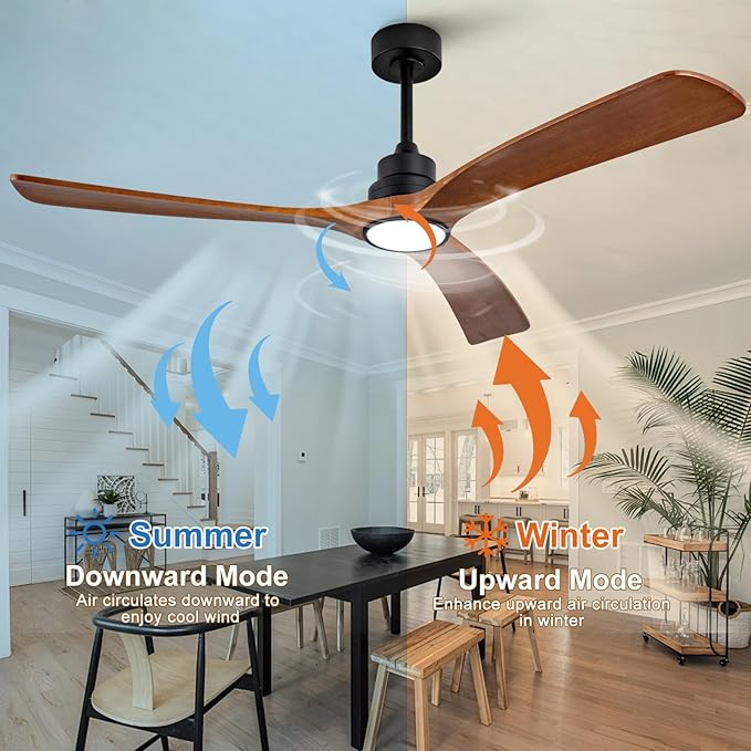 60 inch Ceiling Fans with Lights and Remote Control,Wall Switch,Solid Wood Blades,Dimmable,Reversible Noiseless,Power Off Memory Modern Black Ceiling Fan for Bedroom Patio Indoor/Outdoor Use