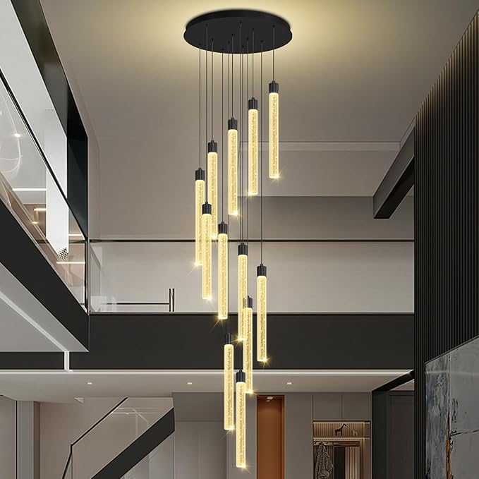 118'' Modern Crystal Column Chandelier for High Ceiling LED Dimmable Crystal Pendant Light Staircase Foyer Enterway Living Room Ceiling Chandelier Lighting Black 12 Lights