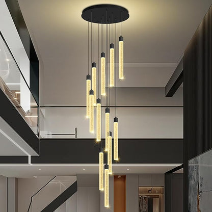 118'' Modern Crystal Column Chandelier for High Ceiling LED Dimmable Crystal Pendant Light Staircase Foyer Enterway Living Room Ceiling Chandelier Lighting Black 12 Lights