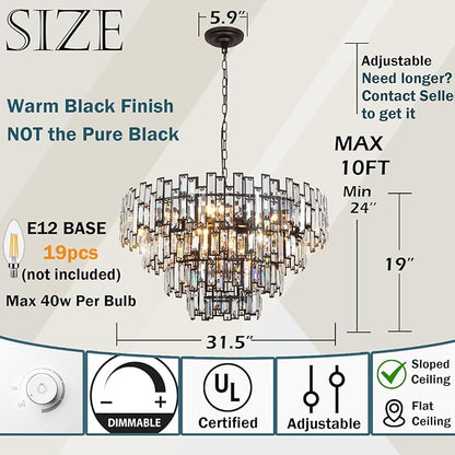 Modern Crystal Chandelier Lighting Hall Grand Living Room Stairway Chandeliers Pendant Light Fixture for High Ceiling Hanging Round Large Black