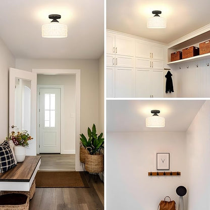 Daunton Artistic Black Handcrafted Semi Flush Mount Ceiling Light - 9.45 Inch Vintage White Glass Shade with Etched Patterns, Easy Install, Small Ceiling Light Fixture for Hallway, Kitchen, Bedroom