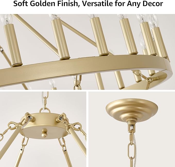 HHR 60" Gold Wagon Wheel Chandelier 2-Tier, Extra Large Farmhouse Chandelier for High Ceilings 54-Light, Round Gold Chandeliers Light Fixture for Foyer, Entryway, Dining Room, E12