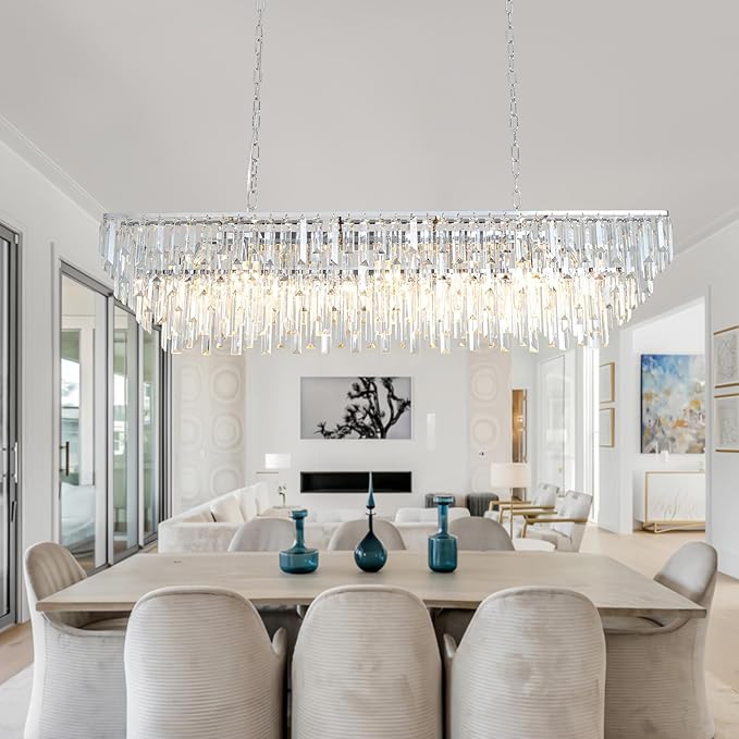 Rectangle Crystal Chandelier 47 Inch, 14-Light Dining Room Chandelier Over Table, Chrome Modern Contemporary Pendant Light, Raindrop Hanging Ceiling Lighting Fixture for Kitchen Living Room