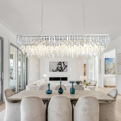 Rectangle Crystal Chandelier 47 Inch, 14-Light Dining Room Chandelier Over Table, Chrome Modern Contemporary Pendant Light, Raindrop Hanging Ceiling Lighting Fixture for Kitchen Living Room