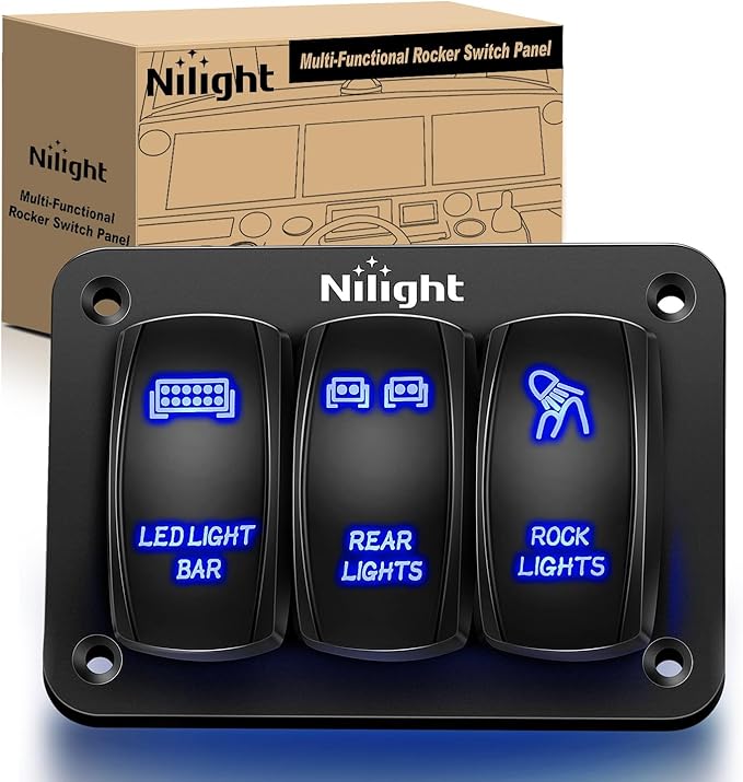 Nilight - 90105C 3 Gang Aluminum Rocker Switch Panel 5 Pin ON/Off Pre-Wired Toggle Switch Panel With Rocker Switch Holder 12/24V for Marine Boat Car ATV UTV, 2 Years Warranty,Blue