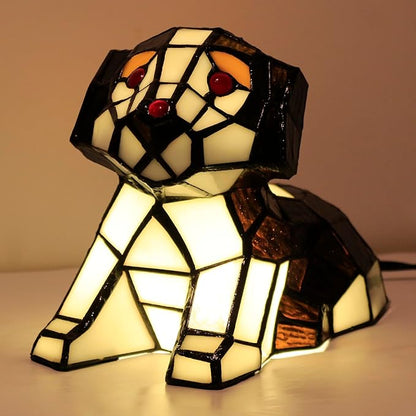 Small Tiffany Lamp Stained Glass Animal Table Lamp Mini Accent Desk Light (Brown White Dog)