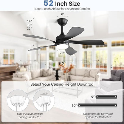 CACI Mall 52 inch Smart Ceiling Fan with Lights, Remote Control, Compatible with Alexa/Google/App, 5 Blades, Dimmable Lighting, Quiet, Indoor/Outdoor Ceiling Fans for Living Room, Bedroom, Patios
