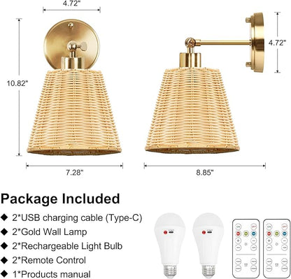 Frideko Rattan Rechargeable Battery Operated Wall Sconces Set of Two with Remote, 3 Colors Dimmable Wireless Wall Light, 5200mAh Indoor Wall Lamp with 4 Timer, Boho Sconces Wall Lighting for Bedroom