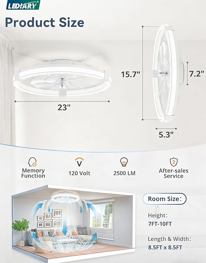 LEDIARY Ceiling Fans with Lights, 23 Inch Low Profile Ceiling Fan with Remote, 6 Speeds, Reversible, Dimmable Flush Mount Fan Light, Modern Fandelier Ceiling Fan with Lights for Bedroom, White