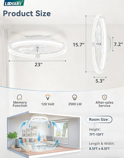 LEDIARY Ceiling Fans with Lights, 23 Inch Low Profile Ceiling Fan with Remote, 6 Speeds, Reversible, Dimmable Flush Mount Fan Light, Modern Fandelier Ceiling Fan with Lights for Bedroom, White