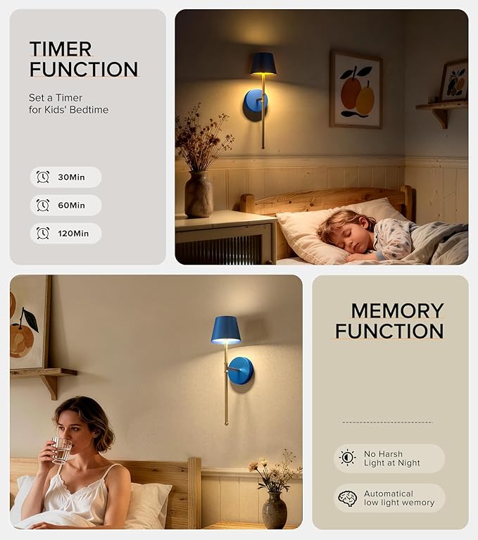 UME Wireless Sconces Set of 2 with Remote, 5200mAh Battery Powered Sconces - Small Rechargeable Sconces w/ 3 Color Temps & 5 brightness levels for Bedroom, Living Room, Wall Painting, Cafe (Blue-gold)
