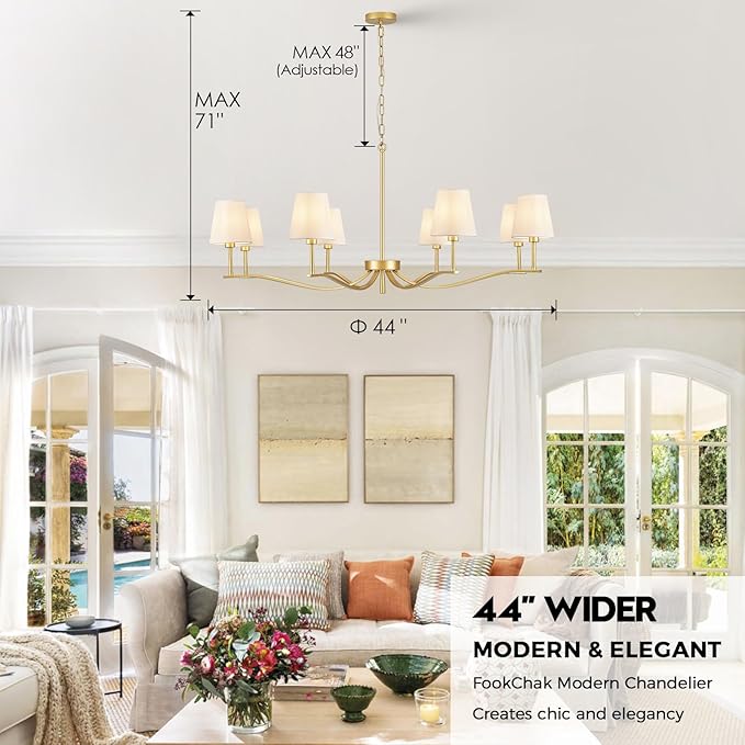 8 Light Brass Gold Chandelier with White Fabric Shade 44'' Linen Dining Room Chandeliers Over Table Kitchen Chandeliers Light Fixture for Living Room Bedroom Entryway Home Office