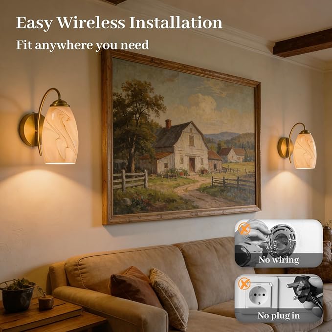 Gold Alabaster Battery Operated Wall Sconces Set of 2, Rechargeable Wireless Brass Wall Lights, Touch & Remote Control, Dimmable 3 Color Temperatures, Vintage Mount Hand-Blown Glass Sconce for Bedroom