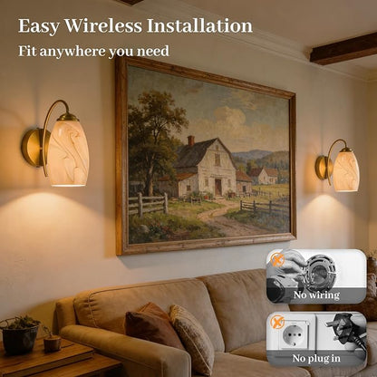 Gold Alabaster Battery Operated Wall Sconces Set of 2, Rechargeable Wireless Brass Wall Lights, Touch & Remote Control, Dimmable 3 Color Temperatures, Vintage Mount Hand-Blown Glass Sconce for Bedroom