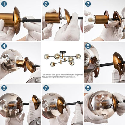 DDLLDESHI 6-Light Glass Globe Sputnik Chandelier Modern Matte Black and Gold Ceiling Light Fixture Vintage Hanging Chandeliers for Farmhouse Living Room, Kitchen Dining Room Bedroom
