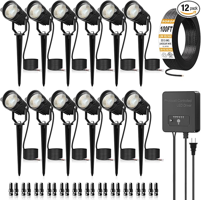 6W Landscape Lighting Kit, Low Voltage Landscape Lights with Transformer 100FT UL-Listed Wire & Connectors, 3000K Waterproof Outdoor Spot Lights for Yard House Tree 12V-24V 12Pack