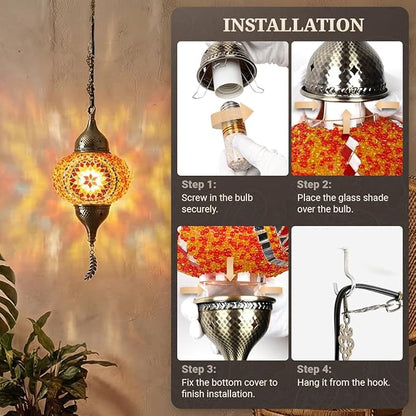 Turkish Moroccan Mosaic Pendant Light - Handcrafted Tiffany Style Swag Lamp with 15ft Cord, Vintage Glass Ceiling Fixture for Mediterranean Decor (Red1)