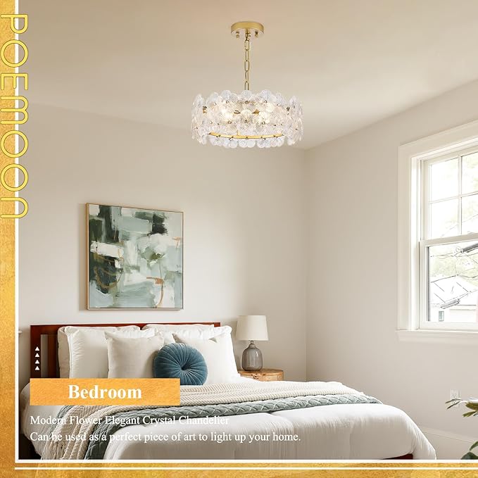 14" Clear Flower Glass Chandelier Elegant 4 Lights Modern Gold Pendant Lighting Fixture for Kitchen Island Dining Room Bedroom Entryway Hallway, G9