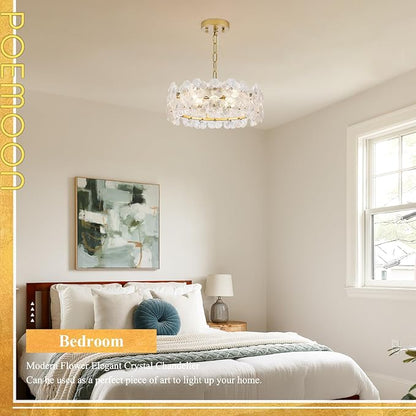 14" Clear Flower Glass Chandelier Elegant 4 Lights Modern Gold Pendant Lighting Fixture for Kitchen Island Dining Room Bedroom Entryway Hallway, G9