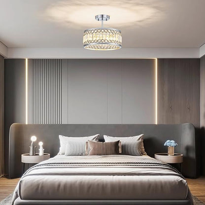 Pevfah Crystal Chrome Ceiling Light, Modern Semi Flush Mount Ceiling Lighting Fixture, Round Hallway Lighting Fixtures Chandelier for Kitchen Entryway Bedroom Dining Room, 3-Light, 12.2 Inch