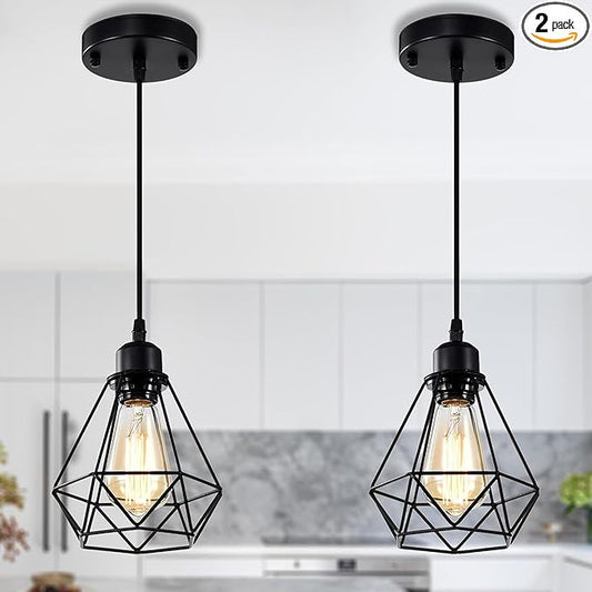 COTTAGE LIFE Black Pendant Light Fixtures 2 Pack, Farmhouse Industrial Metal Cage Pendant Lights, Adjustable Hanging Light Fixtures for Kitchen Island, Dining Room, Bar, Bedroom, Hallway