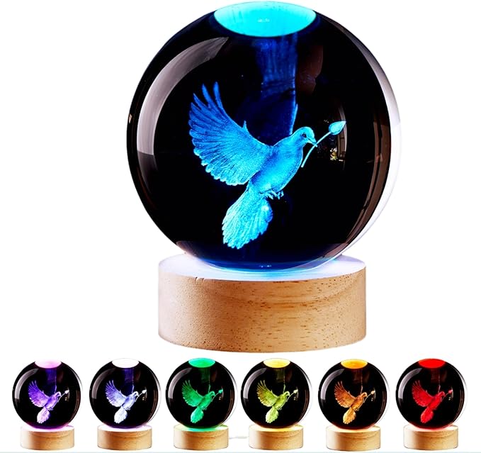 3.15 inch Pigeon Crystal Ball lamp,3D Bird Crystal Ball Night Light with Wooden Base, Peace Dove Lamp, 16 Colors Change with Remote Control (Panda)