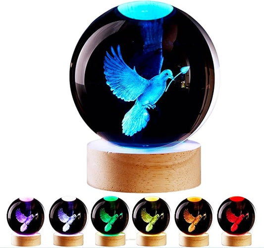 3.15 inch Pigeon Crystal Ball lamp,3D Bird Crystal Ball Night Light with Wooden Base, Peace Dove Lamp, 16 Colors Change with Remote Control (Panda)
