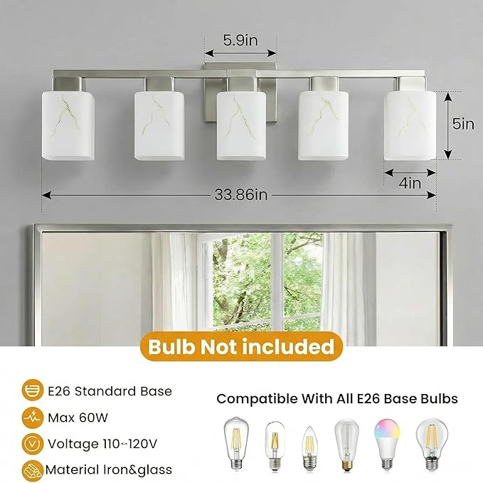 5-Light Square Bathroom Light Fixture, Brushed Nickel Modern Vanity Light with White Marble Glass Shade, for Bathroom Mirror, Living Room, Bedroom, Hallway, E26 Base