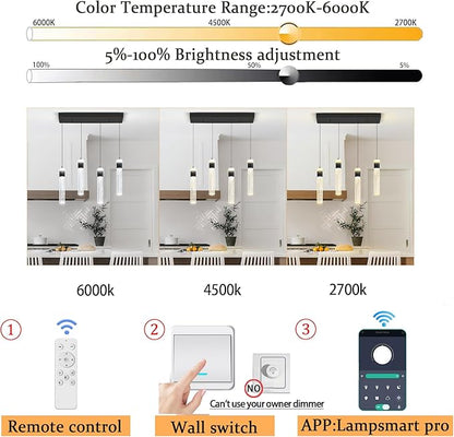 4-Light Gold Pendant Lights Kitchen Island Modern LED Gold Crystal Column Chandeliers Dimmable Crystal Ceiling Light for Dinning Room Living Room 32W