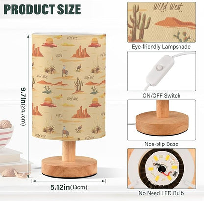 Table Lamp Vintage Sunset Desert Pattern Cactus Mountain Cowboy Horse Turkey Nightstand Lamp with Wood Base Fabric Lamp Shade Bedside Desk Lamp for Living Room Bedroom Kids Room Office