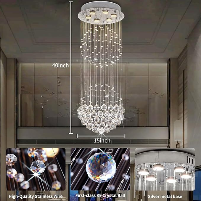 Crystal Modern Chandelier Contemporary 2 Balls Raindrop Crystal Chandelier Flush Mount Cylinder Chandelier Light Fixture Ceiling Lamp for Dining Room Living Room Kitchen Foyer Hallyway Bar