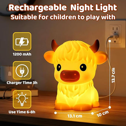 BPA-Free Silicone丨Huggwaii Highland Cow Night Light for Kids, Dimmable Squishy Night Light Touch Cow Lamp, Highland Cow Gifts for Nursery, 30 Auto-Off Timer, Cute Room Decor for Boys Girls Women