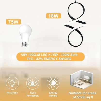 MAYNA Spiral Led Pendant Light Fixture,18W Modern Led Chandelier, 4000K Adjustable Height Hanging Light Fixture for Kitchen Living Room Bedroom Cafe Table, 1 Pack (Black)