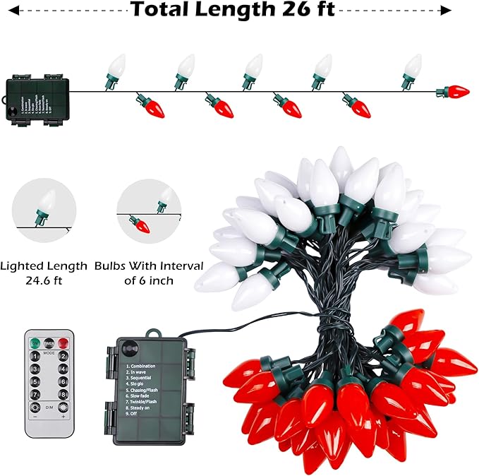 RECESKY C7 Bulbs Christmas String Lights with Remote - 50 LED 26ft Battery String Lights - Fairy Christmas Lighting for Garden Decor Bedroom Porch Xmas Ornament Christmas Decorations - Red White