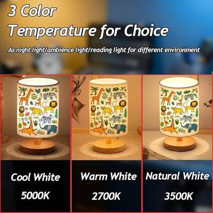 Animal Kids Bedside Table Lamp for Bedroom, 3 Colors Nightstand Light Lamp with Wood Base Round Flaxen Fabric Shade Desk Reading Lamp for Girls Boys Room Decor, Animal Nursery Stuff Girls Gifts