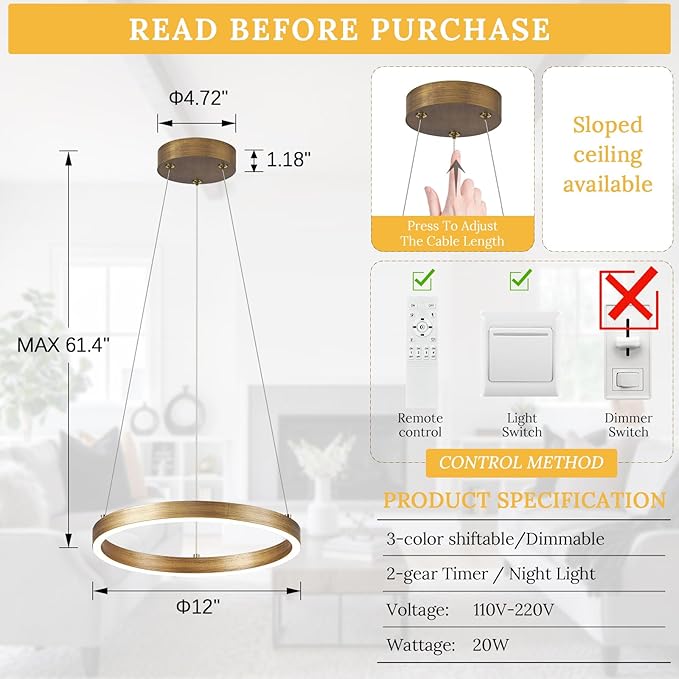 12in LED Ring Chandelier Brass Gold Modern Dimmable Pendant Light Height Adjustable Circular Hanging Ceiling Fixture for Kitchen Island Dining Table Entryway Sink