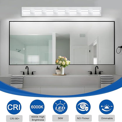 IZORRO LED Modern Bathroom Lights Fixtures(7-Light,Dimmable,360°Rotate),Matte White Acrylic Wall Lighting,Vanity Lights for Bathroom Over Mirror - 6000k 40In （No Assembly Required）