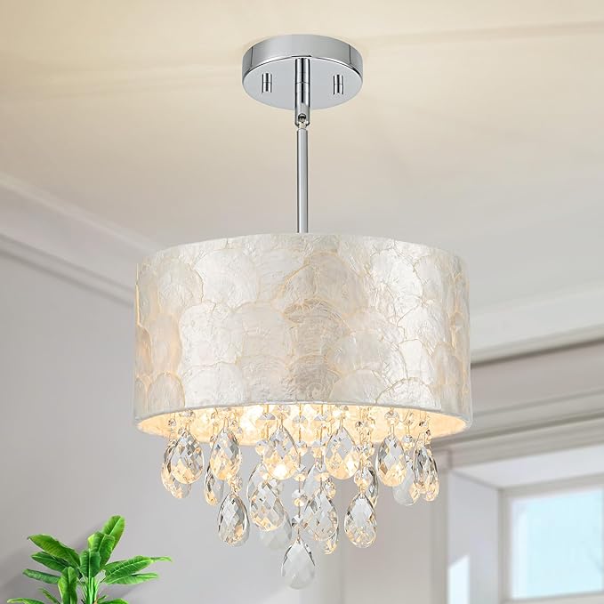 LumFurn D12 inch Capiz Shell Crystal Drum Chandeliers, 3-Light Coastal Style Pendant Light Fixture for Dining Room, Living Room, D12 x H19~49"(Adjustable Height), Shell Lampshade & Chrome Finish