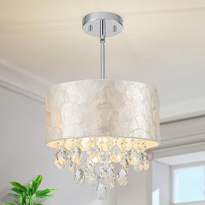 LumFurn D12 inch Capiz Shell Crystal Drum Chandeliers, 3-Light Coastal Style Pendant Light Fixture for Dining Room, Living Room, D12 x H19~49"(Adjustable Height), Shell Lampshade & Chrome Finish