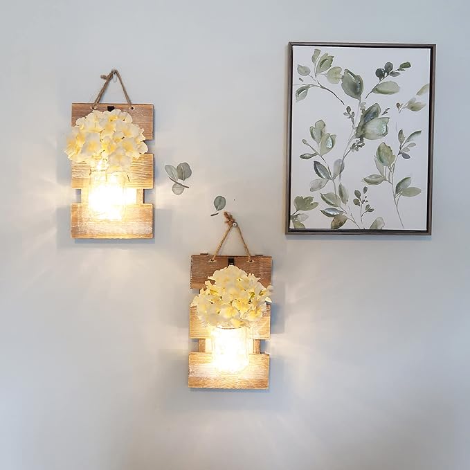 Mason Jar Wall Sconces, Rustic Brown Wall Hanging Decor, LED Fairy Lights with Automatic On and Off 6-Hour Timer (Set of 2),Brown