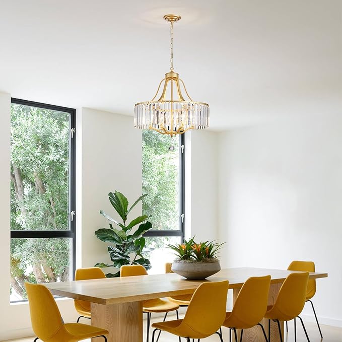 6-Light Crystal Gold Chandeliers for Dining Room 22 Inch Modern Farmhouse Chandelier Large Pendant Lighting Fixture Round Hanging Lamp for Living Room Kitchen Island Hallway Bedroom Foyer Hall