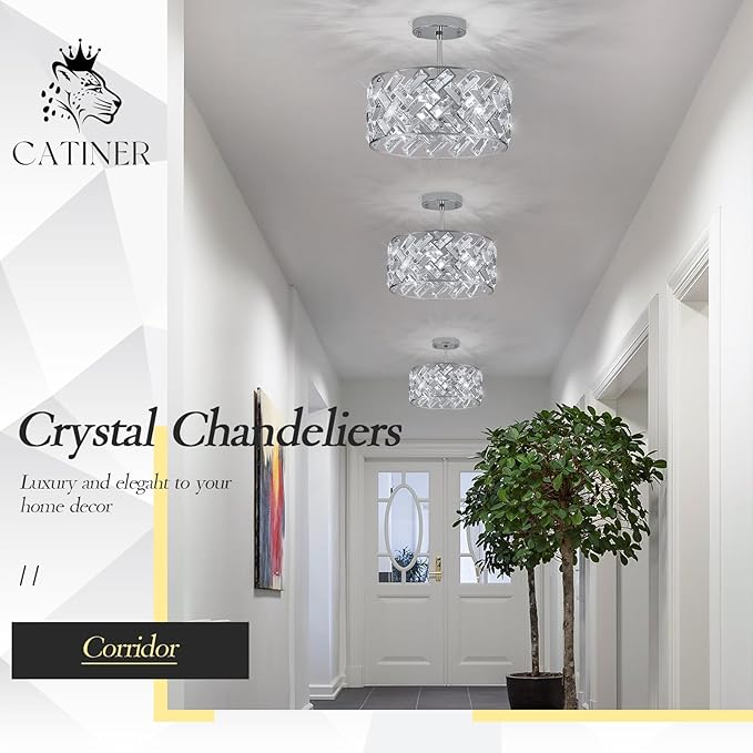 CATINER Chrome Crystal Chandeliers, 4-Light Modern Semi Flush Mount Ceiling Light, D12'' Small Round Crystal Hanging Pendant Light Fixtures for Dining Room Kitchen Island Entryway Hallway