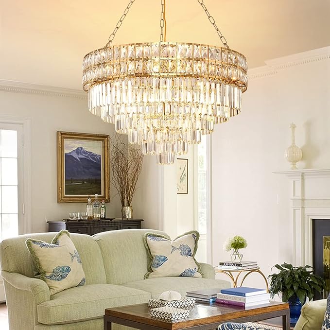 Modern Crystal Chandelier Gold Finish Light Fixture, Round Crystal Pendant Light Hanging Lamp, for Living Room, Dining Room, Restaurant, E12 x 15, Ø29.5 inch