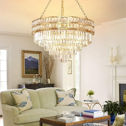 Modern Crystal Chandelier Gold Finish Light Fixture, Round Crystal Pendant Light Hanging Lamp, for Living Room, Dining Room, Restaurant, E12 x 15, Ø29.5 inch