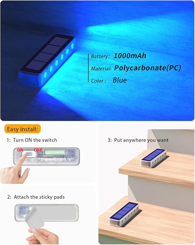 DetarZinLED Solar Step Lights for Outside, 2 Pack Solar Stair Lights, Blue Outdoor Deck Light Waterproof, Outdoor Light Solar Powered for Deck, Dock, Pathway, Porch, Path, Ground, Backyard