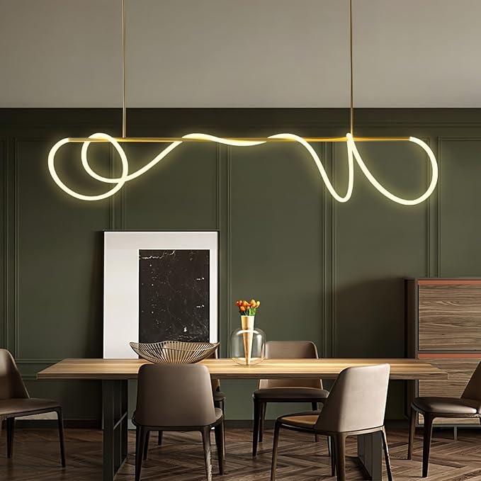 SMG Modern LED Linear Pendant Light for Dining Room, Dimmable Gold Chandelier for Office, 78" Linear DIY Chandelier with Remote Control Stepless Dimming, Restaurant Kitchen Long Hose Lamp