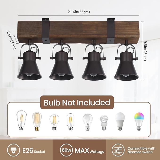 4 Light Semi Flush Mount Ceiling Light, Farmhouse Wooden Track Lighting Fixtures Ceiling, Rustic Kitchen Lights Ceiling for Island Dining Room Living Room.