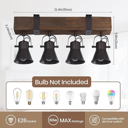 4 Light Semi Flush Mount Ceiling Light, Farmhouse Wooden Track Lighting Fixtures Ceiling, Rustic Kitchen Lights Ceiling for Island Dining Room Living Room.