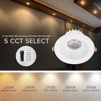Maxxima 4 in. Low Kelvin Ultra-Thin Recessed Anti-Glare LED Downlight, Canless IC Rated, 1200 Lumens, 5 Color Temperature Selectable 2200K/2400K/2700K/3000K/3500K, Dimmable, Junction Box Included