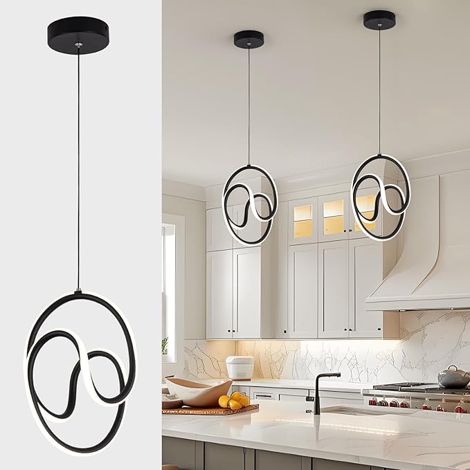 Modern Pendant Lights Fixtures, 4000K LED Black Pendant Light for Kitchen Island, Kitchen Pendant Lighting,Chandeliers for Dining Room Hanging Lights, 1 Pack